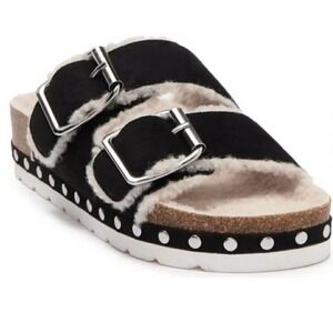 STEVEN STEVE MADDEN Stessi Black Sherpa Lined Slip-on Sandal Size 7